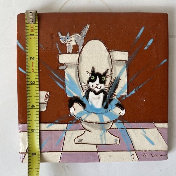 Terry Johnson signed tile Cat in Toilet terra cotta trivet bathroom humor 6.25" - Picture 3 of 3